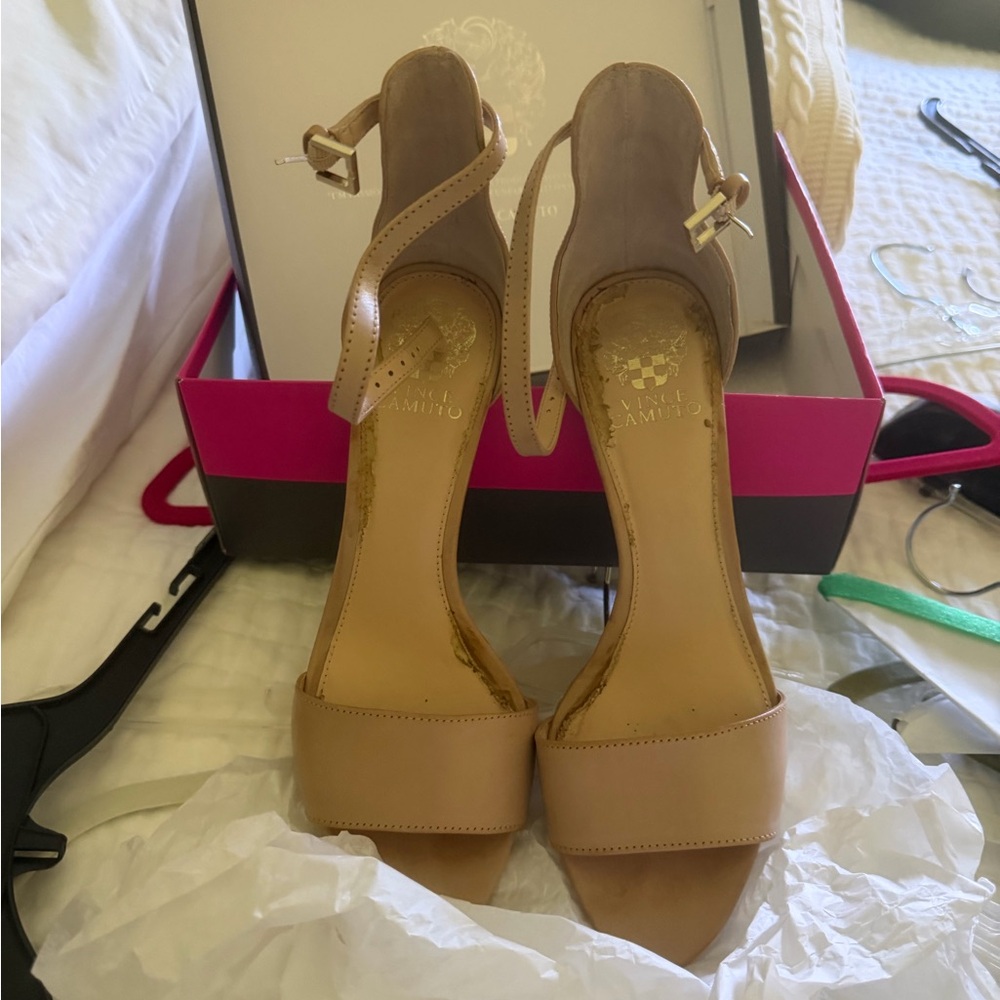 Vince Camuto Beige/Tan Leather Ankle-Strap Heels